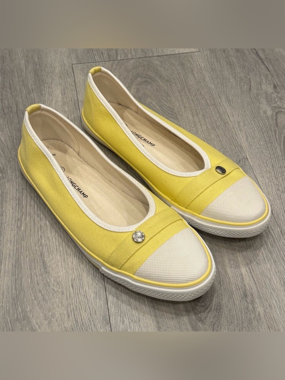 Longchamp Casual Yellow & White Le Pliage Canvas Tennis Ballet Flats